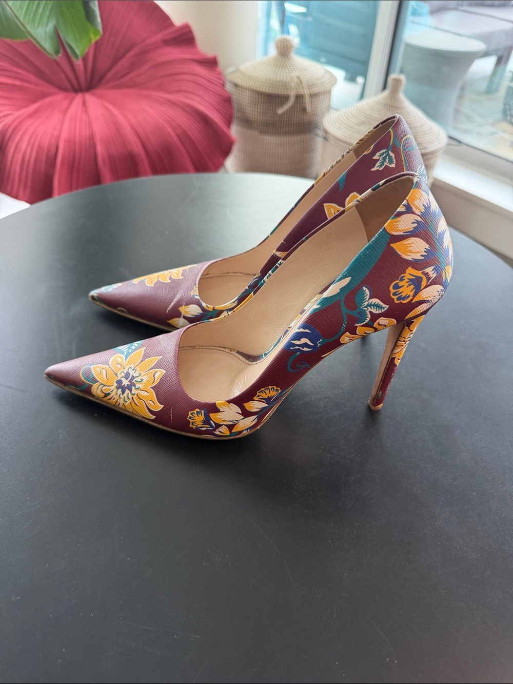 Prada Floral Burgundy Pointed-Toe Stiletto Pumps